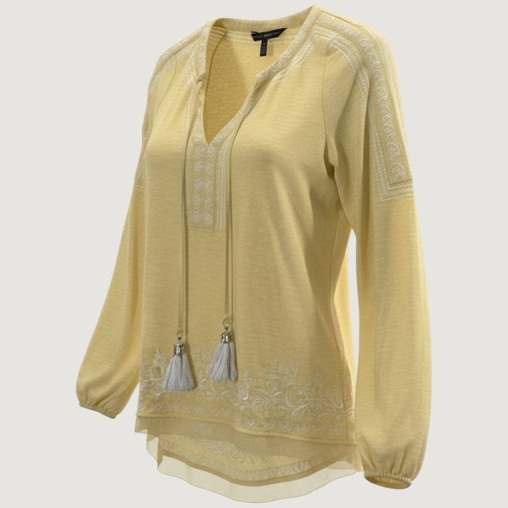 White House Black Market Peasant Top Women Small Yellow Embroidered Boho Blouse